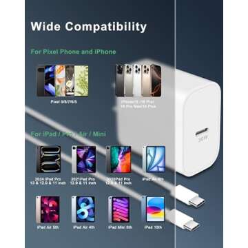 30W USB C Fast Charger for Google Pixel 9/9 Pro/9 Pro XL/8/8a/8 Pro/7 Pro/7a/7/6/5/4/3 XL, 30 Watt Type C Super Fast Wall Charger Block with 6FT USB C to C Cable