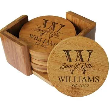 Personalized Bamboo Coasters with Holder - Custom Engraving