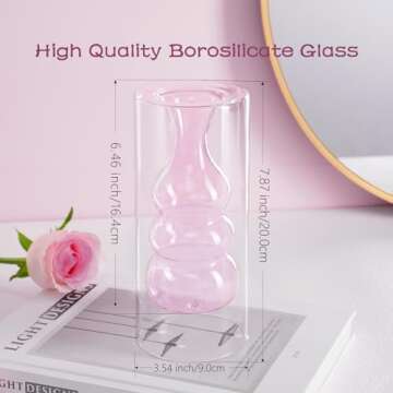ZENS Modern Pink Glass Vase, Hand Blown Hollowed Out Bubble Decorative Glass Flower Vases for Weddin...