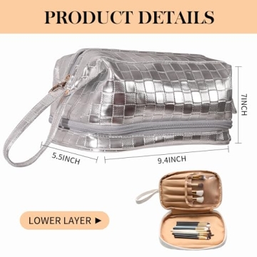Abiudeng Large Makeup bag for Women,Pretty makeup bag, Waterproof Cosmetic Bag,Silver Make up Travel Bag Essentials,Cute Travel Toiletry Bag for Girls Wide open Makeup Bag Organizer with Bottom Pouch
