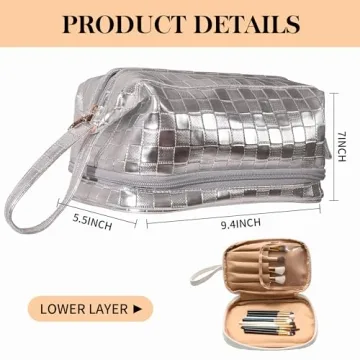Abiudeng Large Makeup bag for Women,Pretty makeup bag, Waterproof Cosmetic Bag,Silver Make up Travel Bag Essentials,Cute Travel Toiletry Bag for Girls Wide open Makeup Bag Organizer with Bottom Pouch
