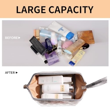 Abiudeng Large Makeup bag for Women,Pretty makeup bag, Waterproof Cosmetic Bag,Silver Make up Travel Bag Essentials,Cute Travel Toiletry Bag for Girls Wide open Makeup Bag Organizer with Bottom Pouch