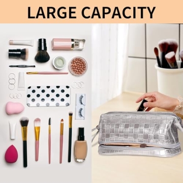 Abiudeng Large Makeup bag for Women,Pretty makeup bag, Waterproof Cosmetic Bag,Silver Make up Travel Bag Essentials,Cute Travel Toiletry Bag for Girls Wide open Makeup Bag Organizer with Bottom Pouch