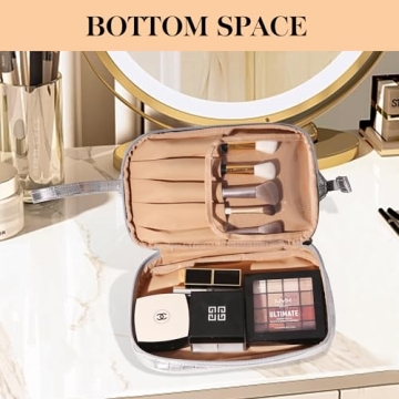 Abiudeng Large Makeup bag for Women,Pretty makeup bag, Waterproof Cosmetic Bag,Silver Make up Travel Bag Essentials,Cute Travel Toiletry Bag for Girls Wide open Makeup Bag Organizer with Bottom Pouch