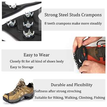 2 Pair Universal Non Slip Ice Gripper Spikes,8 Steel Ice Grips Snow Grippers,Durable Ice Traction Cleats for Shoes & Boot-M