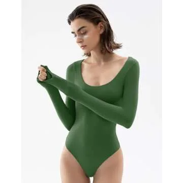 PUMIEY Long Sleeve Bodysuit For Women Sexy Scoop Neck Green Tops Body Suits Womens Fashion Pine X-Sm...