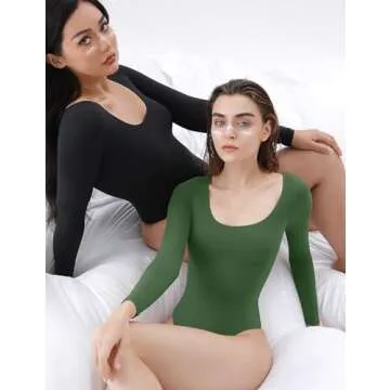 PUMIEY Long Sleeve Bodysuit For Women Sexy Scoop Neck Green Tops Body Suits Womens Fashion Pine X-Small