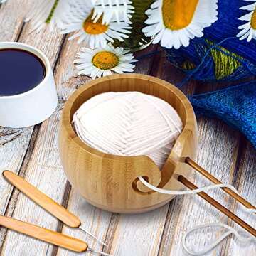 LucyPhy Wooden Yarn Bowl 6 x 3.2inch Handmade Craft Knitting Bowl Wool Storage Basket with Carved Holes & Drills for DIY Knitting Crocheting Accessories(Bamboo Color)