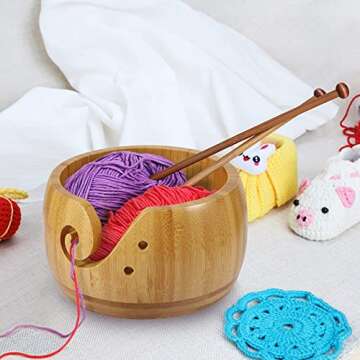 LucyPhy Wooden Yarn Bowl 6 x 3.2inch Handmade Craft Knitting Bowl Wool Storage Basket with Carved Holes & Drills for DIY Knitting Crocheting Accessories(Bamboo Color)