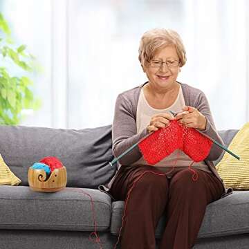 LucyPhy Wooden Yarn Bowl 6 x 3.2inch Handmade Craft Knitting Bowl Wool Storage Basket with Carved Holes & Drills for DIY Knitting Crocheting Accessories(Bamboo Color)