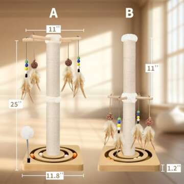 Cat Scratching Post, Sisal, Interactive Furniture Toys for Indoor Cats Adults, 2 Mounting Methods Scratcher Tree Tower with Hanging and Ball Track, Activity Center for Kitten, 25 inches