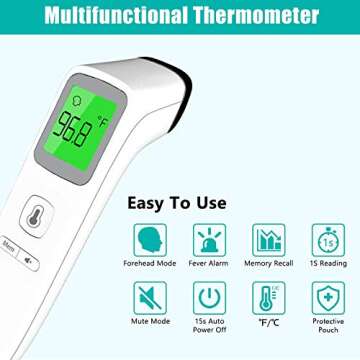 Forehead Thermometer, No Touch Digital Infrared Thermometer for Fever, Medical Temporal Multifunction Thermometer with Instant Accurate Reading, Fever Alarm and Memory Recall for Adults, Babies, Kids
