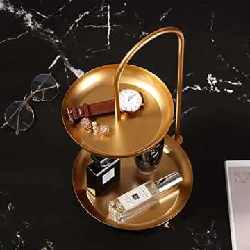 Aendraty Necklace Holder Jewelry Stand Display 2-Tier Tabletop Jewelry Organizer Tower for Show Jewelry Bracelets Necklaces Earrings with Two-Tiered Storage Tray （Nordic Style） Gold