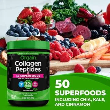 Orgain Hydrolyzed Collagen Powder + 50 Organic Superfoods For Women & Men, 20g Grass Fed Collagen with Vitamin C, Unflavored - Hair, Skin, Nail, & Joint Support Supplement, Non-GMO, Type I & III, 1lb