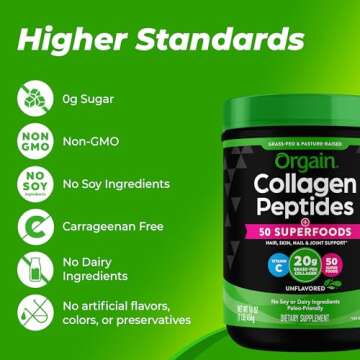 Orgain Hydrolyzed Collagen Powder + 50 Organic Superfoods For Women & Men, 20g Grass Fed Collagen with Vitamin C, Unflavored - Hair, Skin, Nail, & Joint Support Supplement, Non-GMO, Type I & III, 1lb