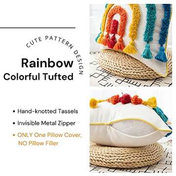 Boho Rainbow Decorative Throw Pillow Cover Colorful Tufted Tassel Kids Pillow Cover for Playroom Nursery Teepee Reading Nook Couch Bedroom, 18 X 18 Inch Square Pillow Case Fun Cute Rainbow Shape