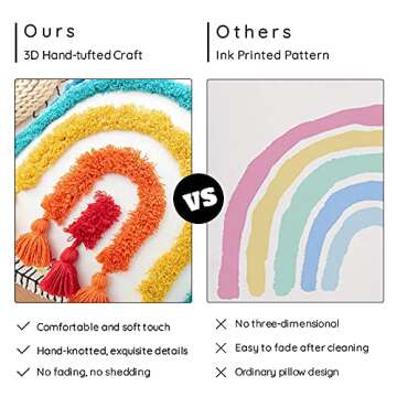 Boho Rainbow Decorative Throw Pillow Cover Colorful Tufted Tassel Kids Pillow Cover for Playroom Nursery Teepee Reading Nook Couch Bedroom, 18 X 18 Inch Square Pillow Case Fun Cute Rainbow Shape