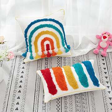 Boho Rainbow Decorative Throw Pillow Cover Colorful Tufted Tassel Kids Pillow Cover for Playroom Nursery Teepee Reading Nook Couch Bedroom, 18 X 18 Inch Square Pillow Case Fun Cute Rainbow Shape