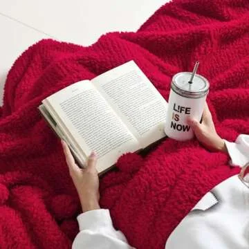 Cozy Sherpa Throw Blanket with Pompom Fringe for All