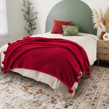 Cozy Sherpa Throw Blanket with Pompom Fringe for All