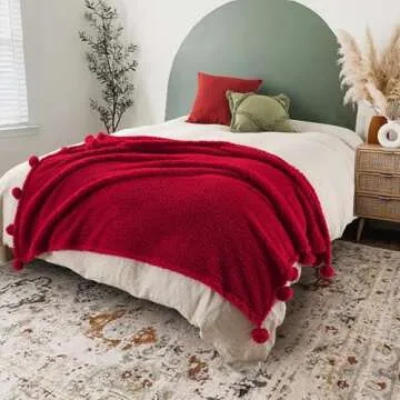 Cozy Sherpa Throw Blanket with Pompom Fringe for All