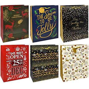Gift Boutique 24 Count Gift Bags For Christmas Bulk Set Includes 4 Jumbo 6 Large 6 Medium 8 Small Holiday Xmas Bag Assortment Bags with Handles & Tags Wrapping Any Size Present for Adults Teens Kids