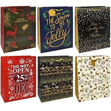 Gift Boutique 24 Count Gift Bags For Christmas Bulk Set Includes 4 Jumbo 6 Large 6 Medium 8 Small Holiday Xmas Bag Assortment Bags with Handles & Tags Wrapping Any Size Present for Adults Teens Kids