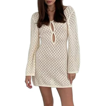 Faretumiya Women See Through Knit Crochet Dress Beach Cover-Up