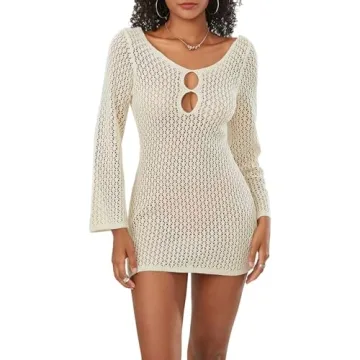 Faretumiya Women See Through Knit Crochet Dress Beach Cover-Up