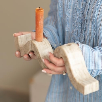 Bloomingville Modern Marble and Brass Wave Double Taper Holder, White, 15''L x 4''W x 2''H