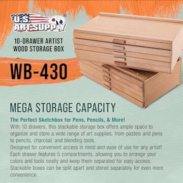 U.S. Art Supply Mega 10-Drawer Stackable Artist Wood Pastel, Pen, Marker Storage Box - Elm Hardwood ...