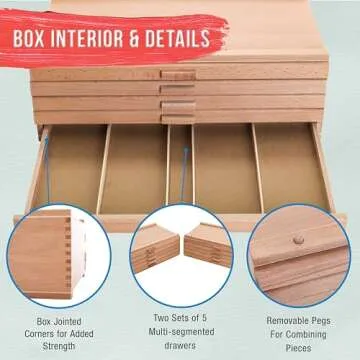 U.S. Art Supply Mega 10-Drawer Stackable Artist Wood Pastel, Pen, Marker Storage Box - Elm Hardwood Construction, 5 Compartments per Drawer - Ideal for Pastels, Pens, Pencils, Charcoal, Blending Tools