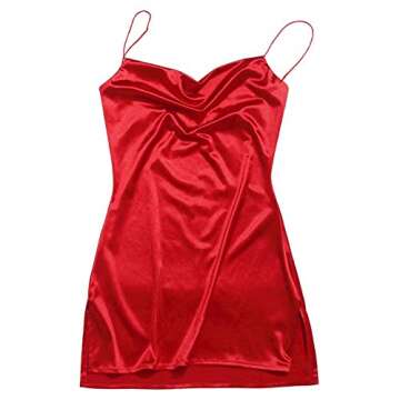 ZAFUL Women's Satin Spaghetti Strap A Line Dress Sexy Sleeveless Cowl Neck Party Club Slip Dresses Red L
