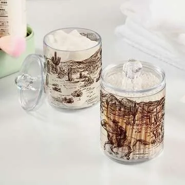 xigua Western Cowboy Qtip Holder 2 Pack, 14 oz Apothecary Jars Bathroom Vanity Organizer Canister for Qtips,Cotton Swabs,Cotton Balls,Cosmetic Pads,Flossers,Bath Salts