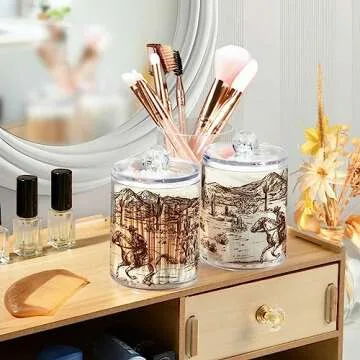 xigua Western Cowboy Qtip Holder 2 Pack, 14 oz Apothecary Jars Bathroom Vanity Organizer Canister for Qtips,Cotton Swabs,Cotton Balls,Cosmetic Pads,Flossers,Bath Salts