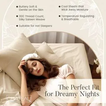 100% Organic Cotton Queen Sheets, 300 TC 4 Piece Cotton Sheets Queen Size Set, Classic Sateen Weave Bedsheets Queen Size Bed, Soft Breathable Sheet & Pillowcase Sets, Deep Pocket 16" - Ivory