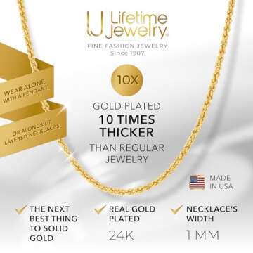 LIFETIME JEWELRY 1mm Gold Chain for Men & Women 24k Real Gold Plated Diamond Cut Rope Chain 14 to 30...