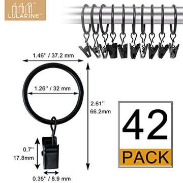 42 Pack Curtain Rings with Clips 1.26" Interior Diameter,Metal Drapery Ring with Clips Compatible wi...