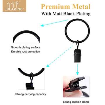 42 Pack Curtain Rings with Clips 1.26" Interior Diameter,Metal Drapery Ring with Clips Compatible with up to 1 inch Drapery Rod,Strong Vintage Decorative Rustproof Drapery Ring with Hooks(Black)