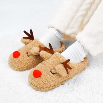 SKYWHEEL Women's Reindeer Slippers Christmas Family Holiday Slippers for Winter House Outdoor Indoor Bedroom Soft Comfy Plush Warm Non-slip Slippers Small