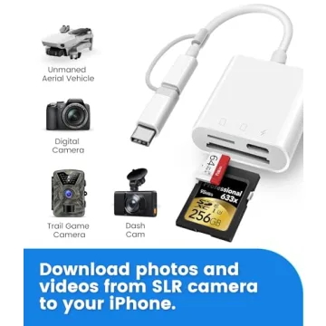 SD Card Reader for iPhone iPad, Oyuiasle Digital Trail Camera SD Card Viewer with Dual Slot for MicroSD/SD, Lightening&USBC Dual-Connector Memory Card Adapter for Photography, Plug and Play