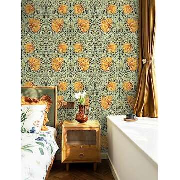 HAOKHOME Vintage Floral Wallpaper Peel and Stick Botanical Green/Yellow/Black Wall Murals Home Kitchen Bedroom Decor by William Morris 17.7in x 9.8ft