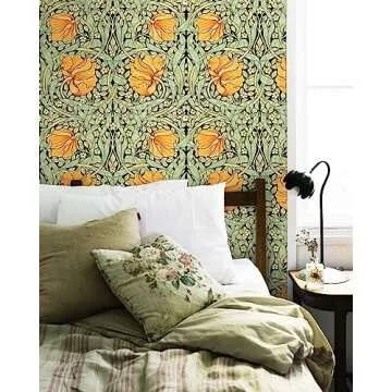 HAOKHOME Vintage Floral Wallpaper Peel and Stick Botanical Green/Yellow/Black Wall Murals Home Kitchen Bedroom Decor by William Morris 17.7in x 9.8ft