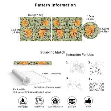 HAOKHOME Vintage Floral Wallpaper Peel and Stick Botanical Green/Yellow/Black Wall Murals Home Kitchen Bedroom Decor by William Morris 17.7in x 9.8ft
