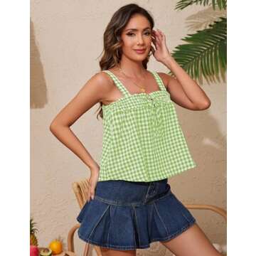 Anoumcy Cotton Gingham Tie Front Tank Tops for Women Girls Cute Plaid Tank Tops Casual Summer Y2K Going Out Top Green M