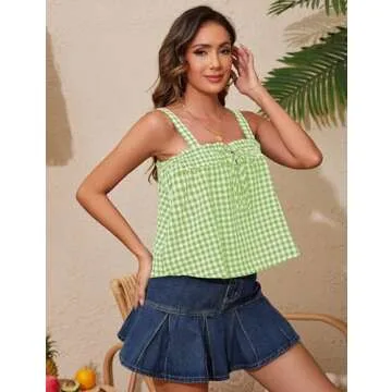 Anoumcy Cotton Gingham Tie Front Tank Tops for Women Girls Cute Plaid Tank Tops Casual Summer Y2K Going Out Top Green M
