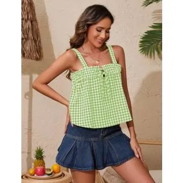 Anoumcy Cotton Gingham Tie Front Tank Tops for Women Girls Cute Plaid Tank Tops Casual Summer Y2K Going Out Top Green M