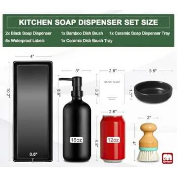 GMISUN Dish Soap Dispenser for Kitchen, 16 fl oz Kitchen Soap Dispenser Set with Ceramic Tray & Bamboo Brush, 2Pcs Matte Black Glass Hand and Dish Soap Dispenser Set, Refillable Dish soap Dispenser