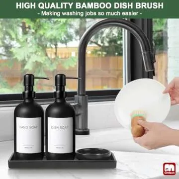 GMISUN Dish Soap Dispenser for Kitchen, 16 fl oz Kitchen Soap Dispenser Set with Ceramic Tray & Bamboo Brush, 2Pcs Matte Black Glass Hand and Dish Soap Dispenser Set, Refillable Dish soap Dispenser