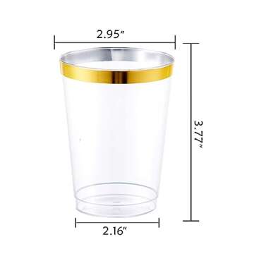 I00000 100PCS Gold Plastic Cups,10 oz Clear Plastic Cups with Gold Trim, Gold Plastic Beer Mugs，Disposable Hard Plastic Cups For Party, Premium Gold Rimmed Plastic Cups Perfect for Wedding & Party